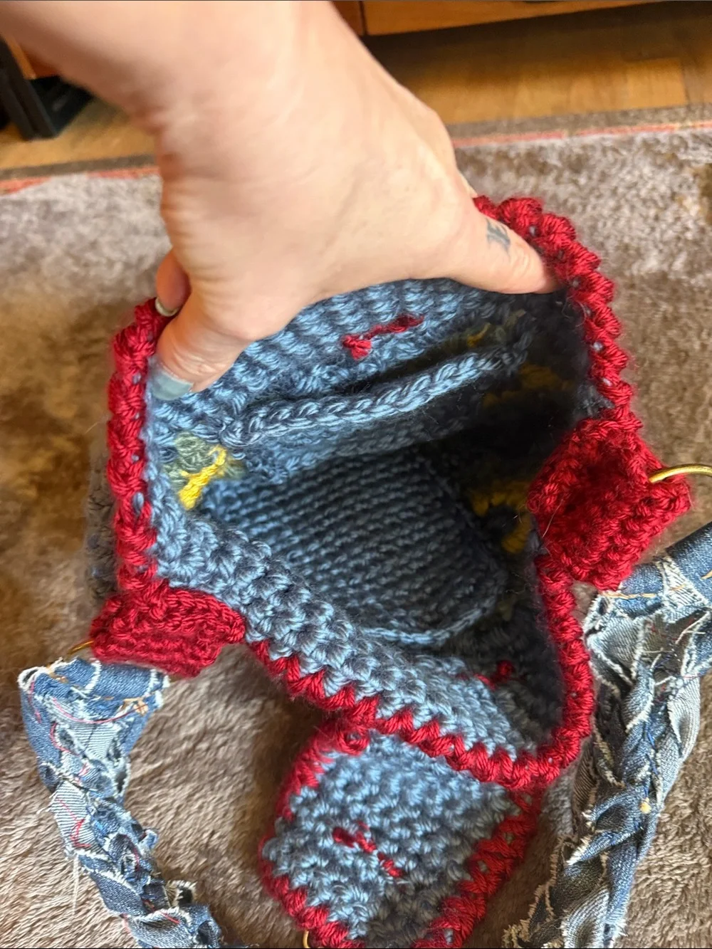 👜 Left Hook Artisan Handmade Crochet Tote Bag — Slate/Red — OS